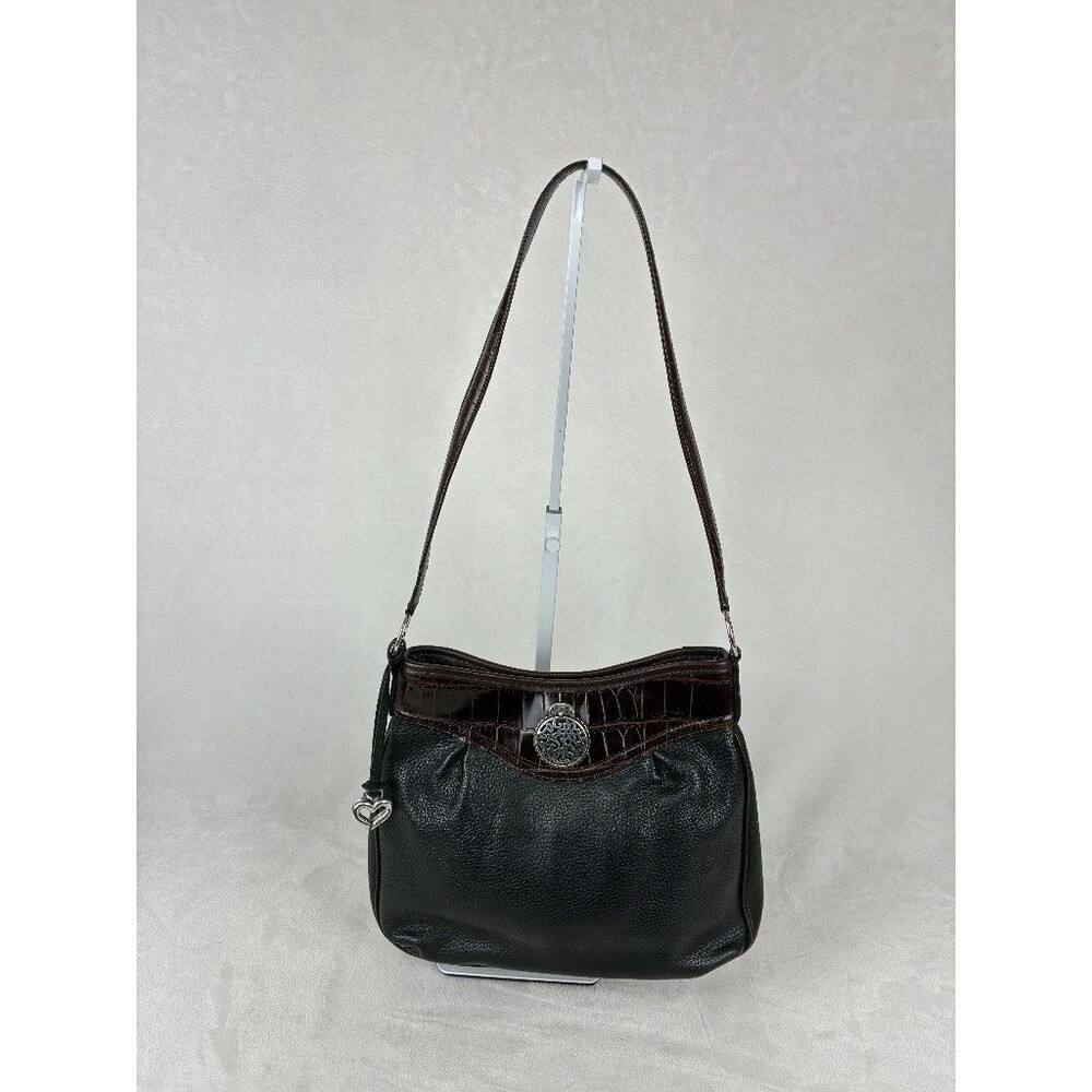 Brighton Black Leather Shoulder Bag Croc Trim Silver Heart Charm Dust Bag